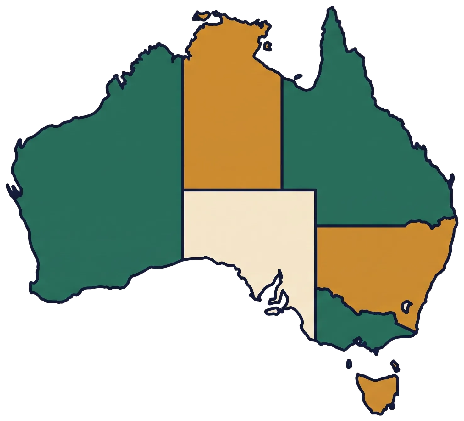 Map of Australia with the states and territories coloured in Tallyroo's palette