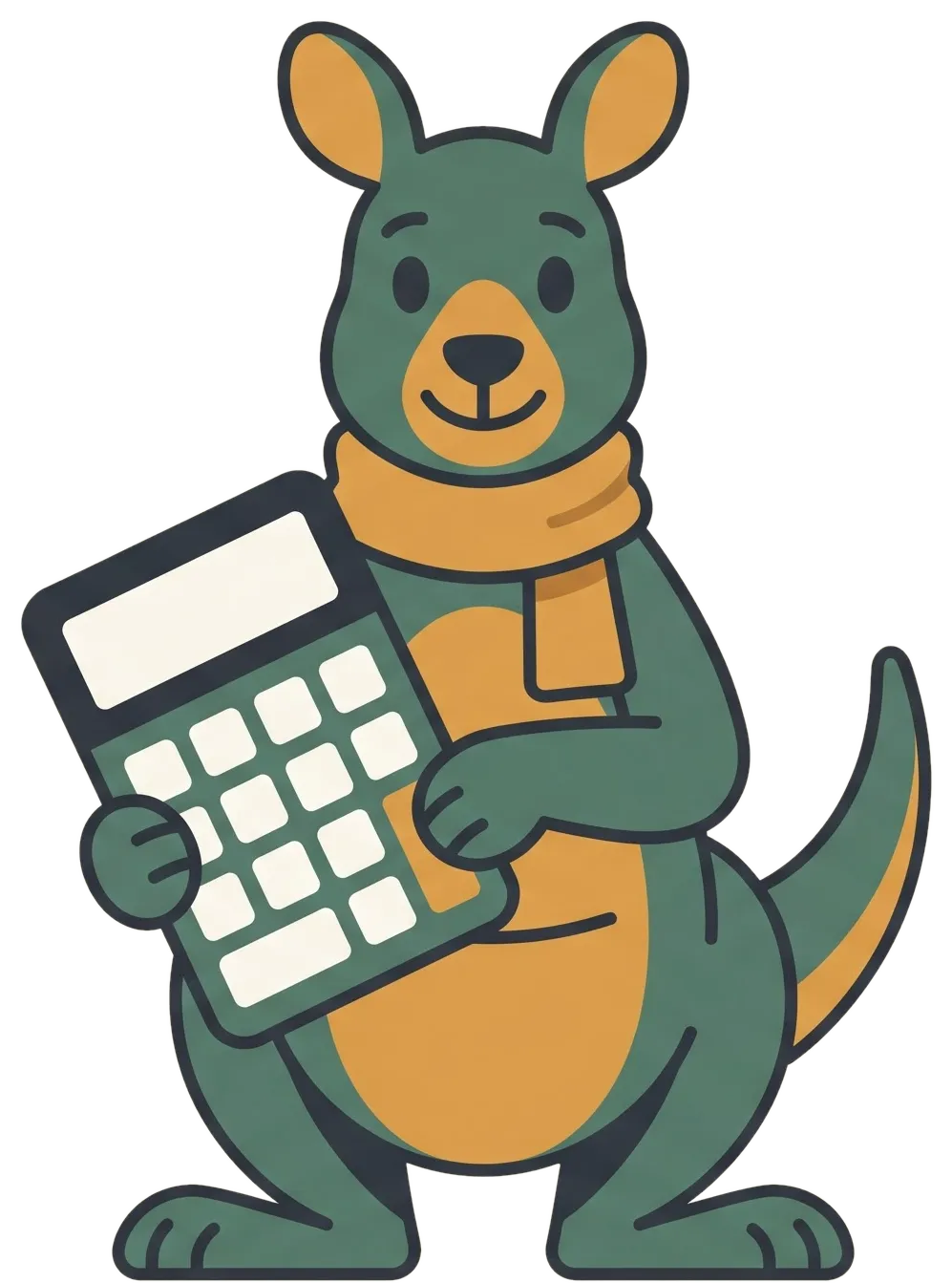 The Tallyroo mascot — a friendly kangaroo in an ochre scarf holding a calculator