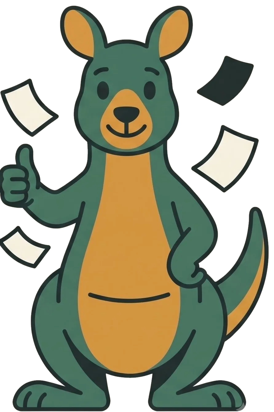 The Tallyroo mascot giving a thumbs up as paperwork flies around