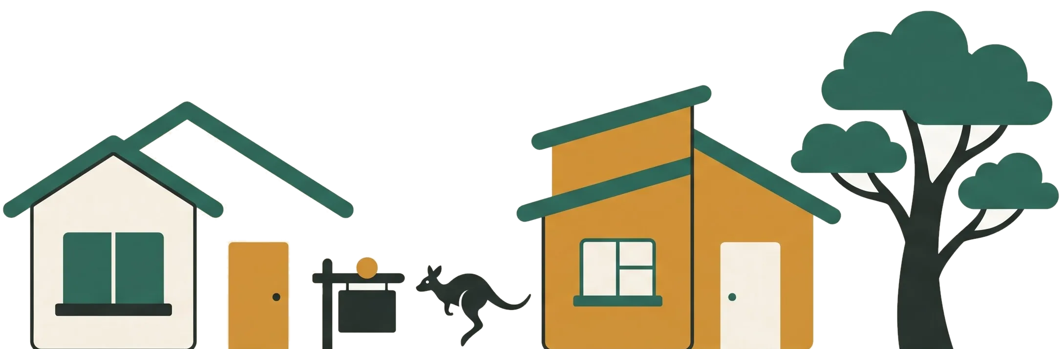 Illustrated Australian street: houses, a for-sale sign and a kangaroo hopping past